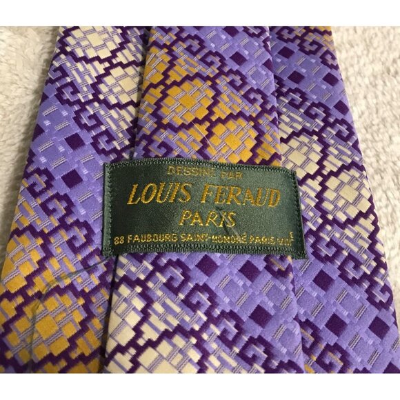 Louis Feraud Paris Designer Silk Tie Purple & Yellow Geometric Pattern - Picture 3 of 6